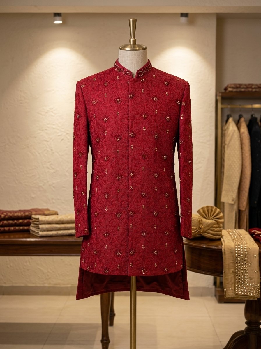 Mehroon Long Hand Made Embroidered Prince Coat